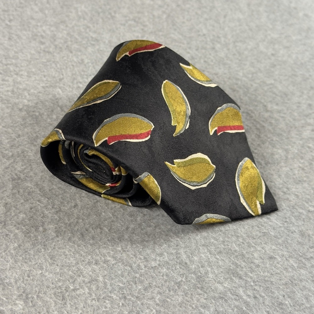 Vintage LeBARON Silk Tie Mens Black Gold Red Abstract Leaf Necktie Italy 56x3.75